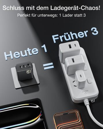 Зарядний пристрій USB-C 67W 3-Port PD PPS для MacBook, iPhone, Samsung Galaxy, iPad, Pixel - Чорний