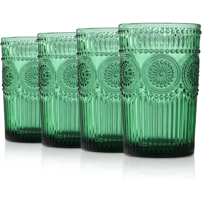 Joeyan 350ml Green Drinking Glasses Embossed with Sunflower Patterns, Vintage Colored Glasses Dishwasher Safe, 4-Piece Set of Colorful Glass Water Glasses for Juice, Drinks, and Cocktails