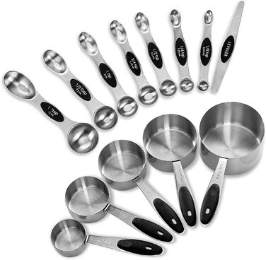 EDELIN Measuring Cups and Magnetic Measuring Spoons, Stainless Steel, 5 Cups and 7 Spoons (black)