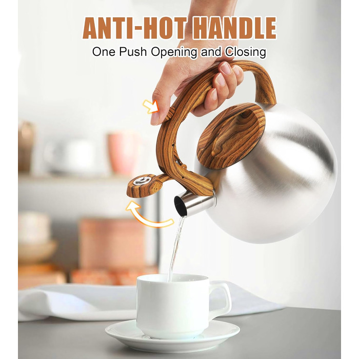 Чайник-свисток Foedo з нержавіючої сталі з дерев'яною обробкою, 3.2 л, для чаю, води, кави та молока, класичний дизайн, червоний (срібний)