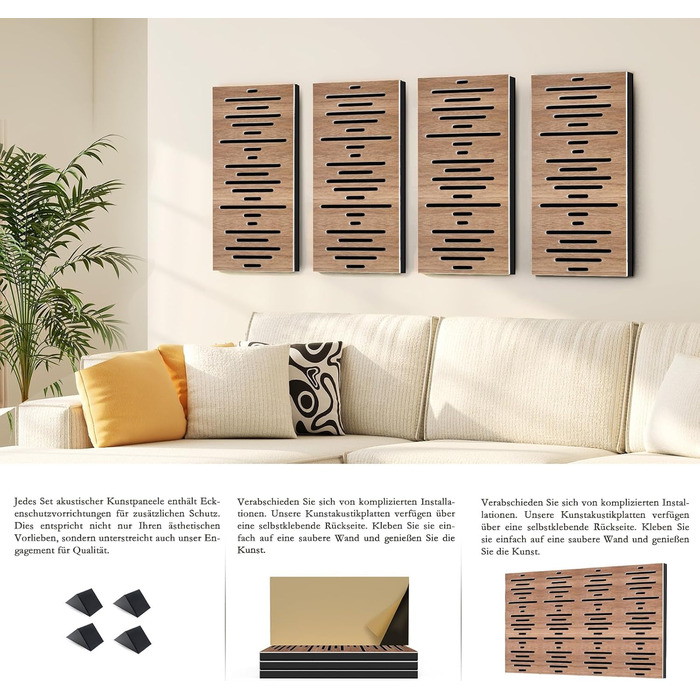 Акустичні панелі JBER для звукоізоляції стін, самоклеючі шумопоглинаючі плити з імітацією горіха (еліптичні лінії), 60×30×4.5 см, 4 шт. — для студії звукозапису та дому