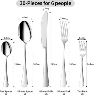 Набір столових приборів Aoeeppa на 6 осіб (30 предметів), нержавіюча сталь, дзеркальна поліровка, для дому, кухні, ресторану, придатний для миття в посудомийній машині (сріблястий)