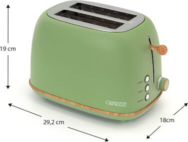 Тостер Kaito з широким подвійним слотом, 3,8 см та 13,5 см, 6 рівнів підсмажування, вінтажний дизайн, ефект дерева, матово-зелений колір