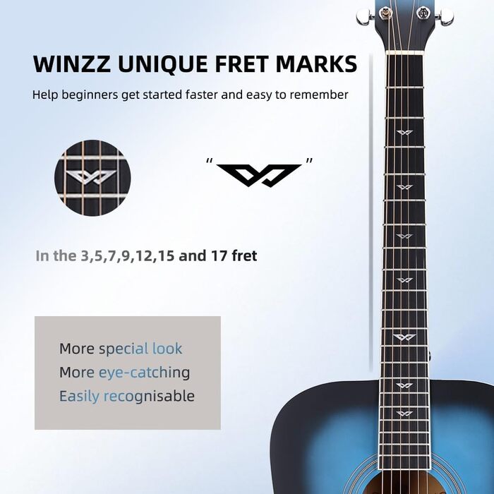 Акустична гітара Winzz 4/4 для початківців, 41 дюйм, з чохлом, тюнером, ременем, медіатором, запасним струною та підставкою (натуральний, блакитний)