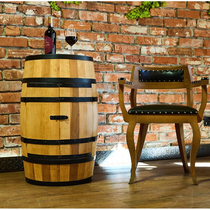 Wine Barrel Stand with Door - Alcohol Cabinet, Bottle Shelf, Wooden Shelves - Wine Barrel - Barrel Furniture - Wine Rack - Wine Rack - Wine Bar - Barrel Bar with Door - Barrel Bar Minibar 80cm High (Oak)