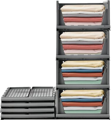 RMAN 4-Piece Closet Organizer Stackable Folding Closet Organizer for Drawers, Closet Organizer, Storage Boxes, Kitchen, Bathroom (Gray)
