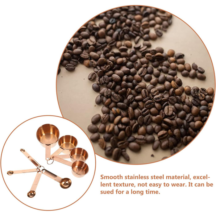 4-Piece Measuring Spoon and Cup Set - Measuring Spoon Sets, Tea Measuring Cups, Dry Measuring Cups, Basic Coffee Bean Scoops, Measuring Spoons and Cups, Stainless Steel, Rose Gold