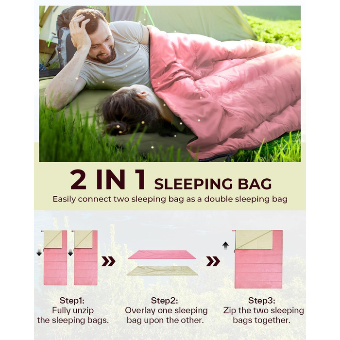 Ohuhu Lightweight Sleeping Bag - Compact & Ultralight (900g) Summer Sleeping Bag for Camping, Travel, Festivals (Pink)