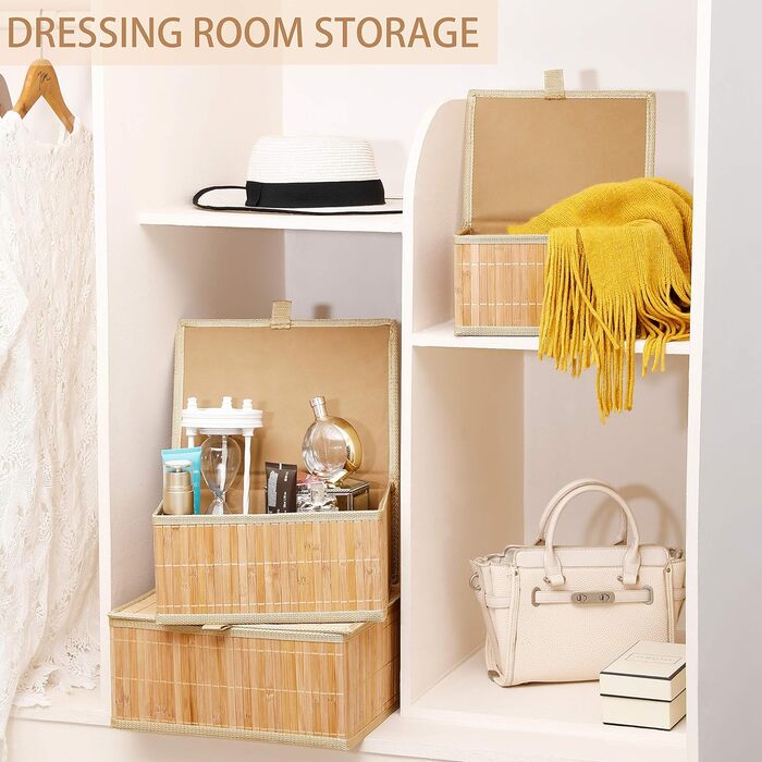 Honeycomb Storage Basket with Lid, Woven - Bamboo Decor Storage Boxes, Set of 3 Rattan Basket with Lid, Woven Fabric Insert for Bathroom, Kitchen, Shelf Organization (Large/Medium/Small)
