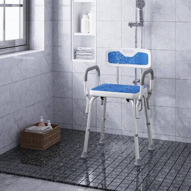 EUGAD Shower Chair, Shower Stool for Seniors, with Armrests and Backrest, Height Adjustable 6 Levels, 40 cm-54 cm, Non-Slip Shower Seat, Stable Bath Seat, Made of Aluminum and Plastic, White and Blue