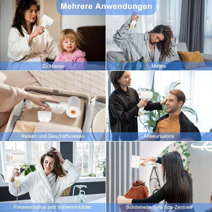 Супершвидкий фен Supersonic з іонізацією 200 млн негативних іонів, 110 000 обертів/хв безщітковий двигун, низький шум 57dB, інтелектуальний контроль температури для подорожей та дому (білий)