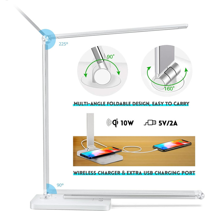 LED лампа настільна диммируемая 560LM з 5 режимами кольору та 10 рівнями яскравості, нічник, USB-порт, функція пам'яті та таймер, 10W - біла (адаптер 20W - срібний)