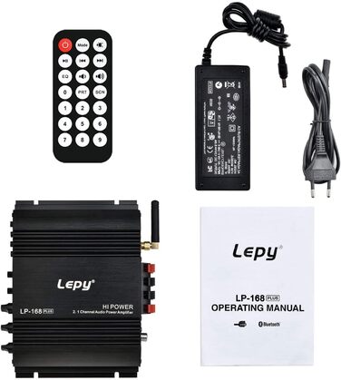 Lepy LP-168 Plus Bluetooth підсилювач 2.1 канали, 2x45Вт+68Вт, HiFi цифровий стерео бас, USB, MP3, MP4, DVD, для авто, з LED підсвіткою