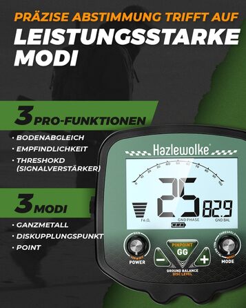 Металошукач професійний для дорослих Metalldetektor з 13'' водонепроникною котушкою DD, частота 19.23 кГц для пошуку срібла та золота, регульована балансування ґрунту, 3 режими пошуку, глибина виявлення 12''