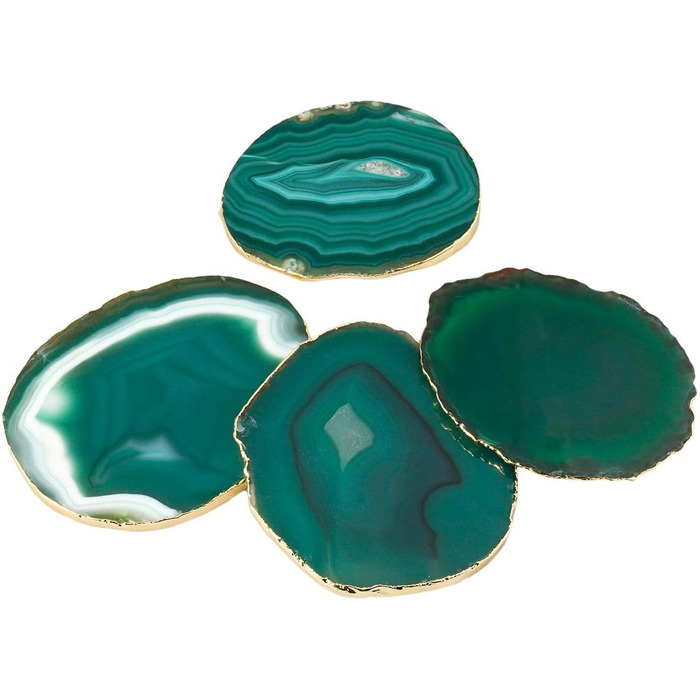 mookaitedecor Polished Natural Geode Agate Slices Coasters Set (2 Pieces), Decorative Stone Coasters for Glasses, Cups, Vases, Candles, Serving Plates, Name Cards for Wedding (Green-gold plated rim)