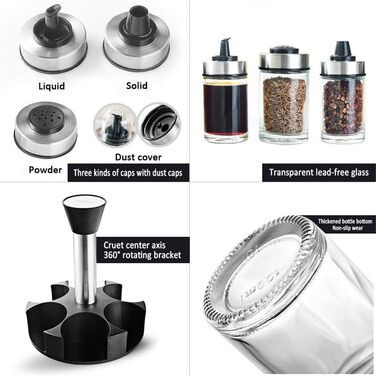 Spice Jar Oil Bottle Salt and Pepper Shakers Glass Jars with Rotating Holder, 100ml (6-Jar)