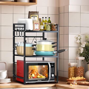 Регульована підставка для мікрохвильової печі, 2-рівнева розширювана, з вуглецевої сталі, з 8 гачками, органайзер для кухні (1 шт, чорний)