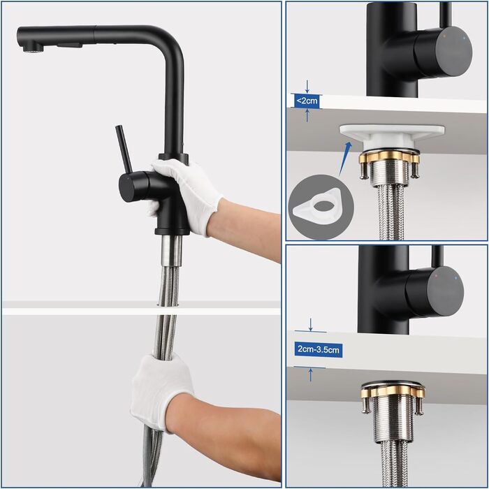 Висувна кухонна змішувач з душем, 360° поворот, кухонна арматура з двома режимами струменя, з нержавіючої сталі, чорний, з висувною насадкою