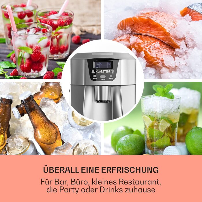 Машина для приготування льоду Klarstein Eiswürfelmaschine Klein, 2 л, з дозатором води, для 12 кг льоду, швидка, з сигналом, пластик, срібло