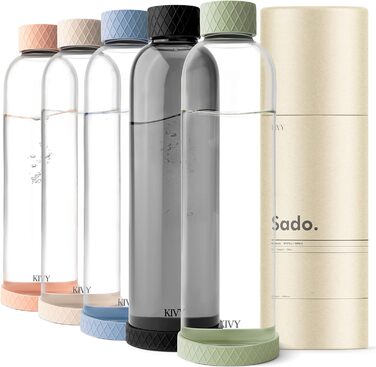 KIVY Glass Bottle 1 Liter with Silicone Protection [Extremely Break-Resistant] Soda Bottle Glass 1l - Water Bottle Glass 1l - Glass Drinking Bottle - Glass Drinking Bottle 1l - Drinking Bottle made of Glass (Olive)