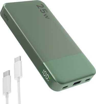 Power Bank Nobis 10000mAh 25W з USB-C кабелем, цифровою індикацією, зелений