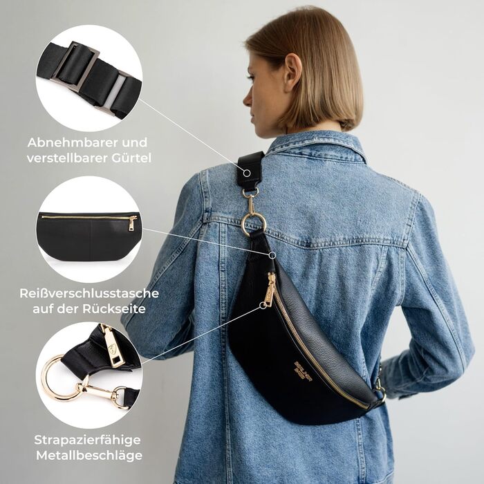 Чоловіча/жіноча поясна сумка Berliner Bags Preiu, шкіряна кросбоді сумка, XL (Чорний / Золотий)