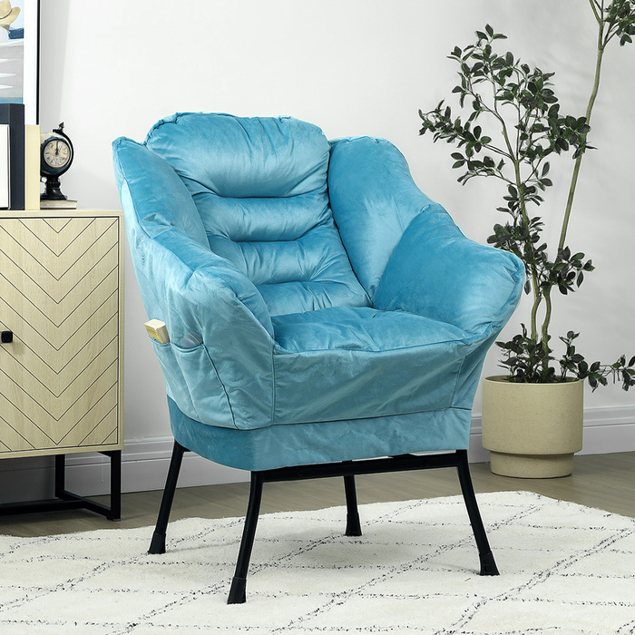 HOMCOM Armchair Living Room Lounge Chair Padded Recliner Chair with Side Pocket, Steel Legs Upholstered Chair with Velvet Look, Single Chair for Bedroom, Blue | Aosom