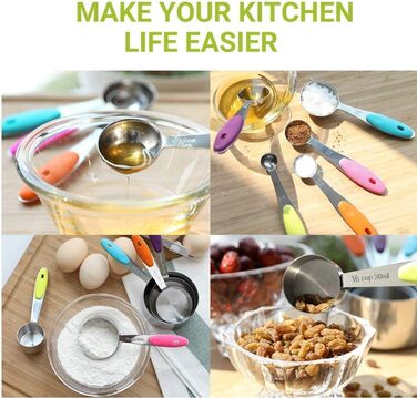 Набір мірних ложок Xingxinrong з нержавіючої сталі (5 мірних ложок + 1 ложка) з силіконовою ручкою, з гравіюванням шкали (US та міжнародна), придатний для миття в посудомийній машині, для приготування та випічки, кухонний аксесуар