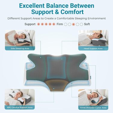 Ортопедична подушка Elviros з Memory Foam, ергономічна подушка для шиї, для тих, хто спить на боці, спині та животі, знімний чохол, Space Grey, 64×(11,5/13)×40 см