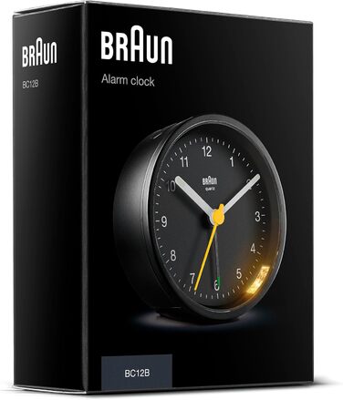 Braun Classic Analog Alarm Clock with Snooze Function and Light, Silent Quartz Movement, Crescendo Alarm in Black, Model BC12B
