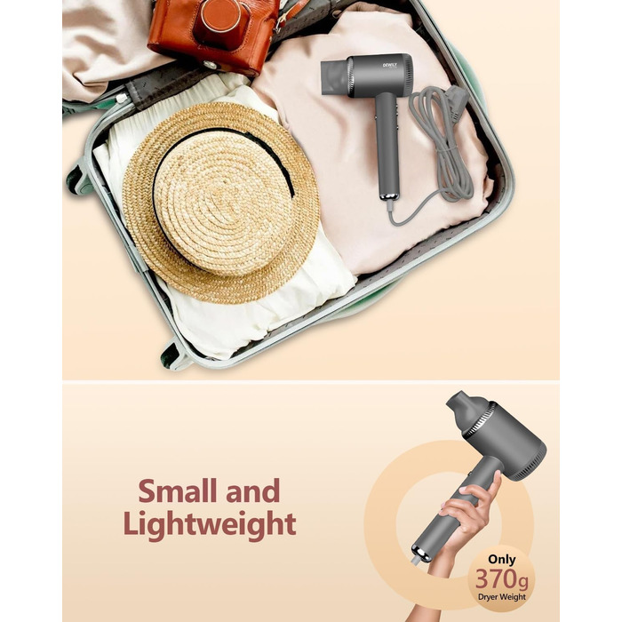 Іонізатор для волосся DEWILY, фен з магнітним дифузором, 110,000 RPM безщітковий мотор, швидке сушіння, подорожний фен, 300 мільйонів негативних іонів, сірий (з 2 насадками) Classic Grey