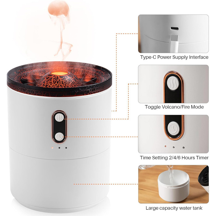 Зволожувач повітря Vulkan з аромадифузором: 300 мл, 2 режими, керування від пульта, нічне підсвічування, холодний пар, для дому та спортзалу, білий