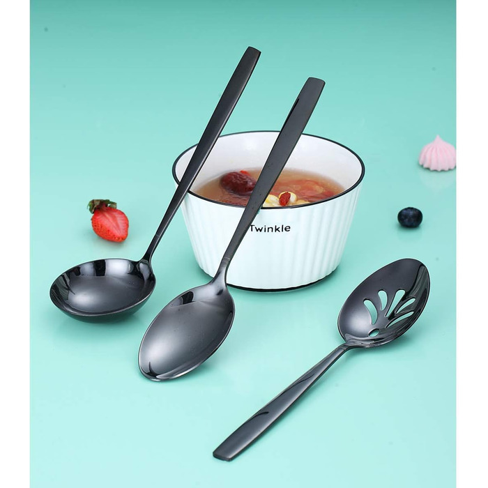 Berglander Black Silverware Serving Set, 10-Piece, Stainless Steel Cutlery Serving Set with Black Titanium Coating, Serving Spoon, Silver Serving Utensil, Rustproof, Lead-Free (10 Pieces)
