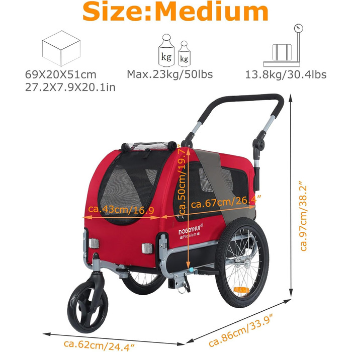 DOGGYHUT® Преміум візок для собак 2-в-1: візок-бугель для собак до 23 кг (червоний)