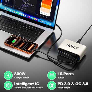 Зарядний пристрій GaN 800W USB-C, 10 портів, для MacBook, Dell, iPhone, Galaxy, ноутбуків, планшетів - Швидка зарядка