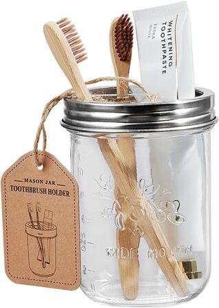 Mason Jar Bathroom Accessories Set, 4 Piece, Foaming Soap Dispenser & 2 Qtip Holders & Toothbrush Holder, Rustic Farmhouse Decor, Apothecary Glass, Countryside Countertop (Black) (Luxurious, Rustic, Brushed Nickel)