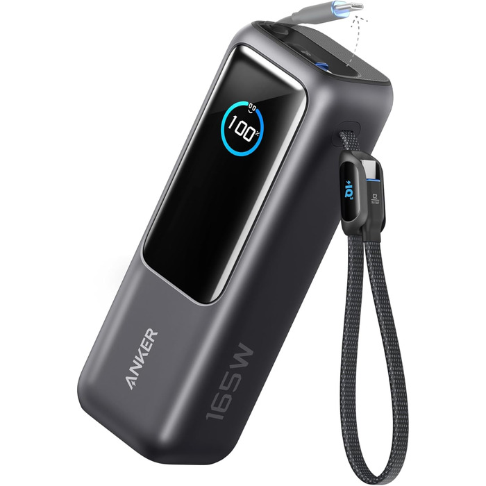 Powerbank Anker 25000mAh 165W з USB-C, 3 порти USB-C (100W), вбудований кабель, для iPhone, MacBook, Samsung та інших пристроїв (Чорний)