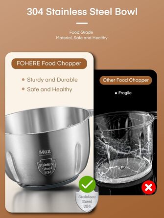 Електричний подрібнювач FOHERE для кухні, 350W, з чашею 2.5л з нержавіючої сталі та 2 швидкостями, 4 леза з нержавіючої сталі для м'яса, цибулі та овочів