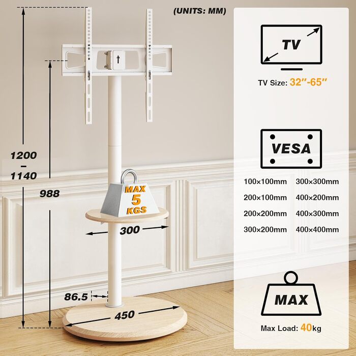 Підставка для телевізора RFIVER мобільна з роликами, біла, 32-65 дюймів, з поличкою, регульована висота та нахил, до 40 кг, VESA 400x400 мм