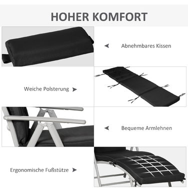 Outsunny Folding Beach Chair, 7 Adjustable Positions, Weather-Resistant, with Cushion, Textilene, Polyester, Metal, 137 x 63.5 x 100.5 cm, Black | Aoso
