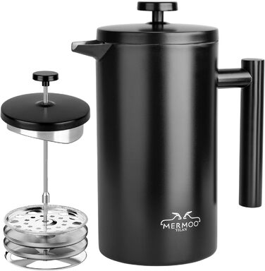 Френч-прес MERMOO YILAN 1L з нержавіючої сталі: термоізольований кавовар для кемпінгу, з подвійними стінками, 1000 мл (чорний)