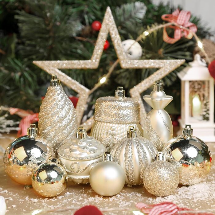 Набір прикрас на ялинку Alupssuc 80 шт. з різних форм, з гачками, для свят, вечірок та весіль, безпечний пластик, колір шампань-золото