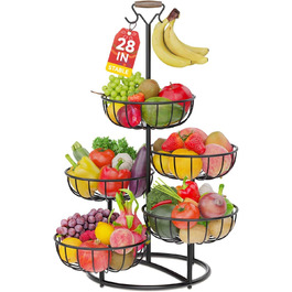 Багатоярусна підставка для фруктів PouHenier.jh – 5 ярусів, чорний колір, з тримачем для бананів. Металева підставка для фруктів та овочів, органайзер для кухні