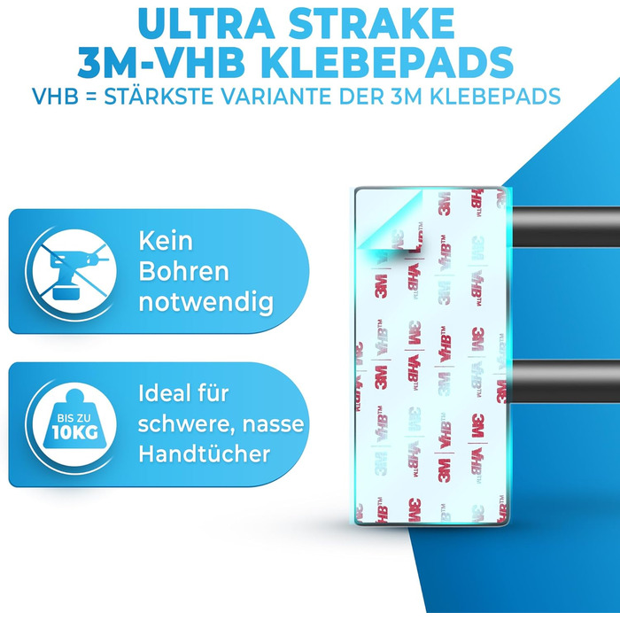 Тримач для рушників без свердління, нержавіюча сталь, чорний - з двома гачками, 80 см, для ванної кімнати, душової кабіни, кухні