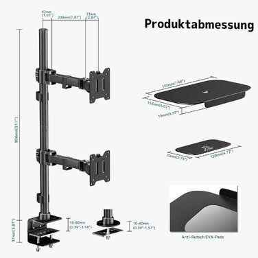 Кронштейн для двох моніторів один над одним, регульований стійка Dual-Arm для плоских та вигнутих екранів 17-49 дюймів, до 20 кг на руку, VESA 75/100 мм, чорний (подовжений варіант)