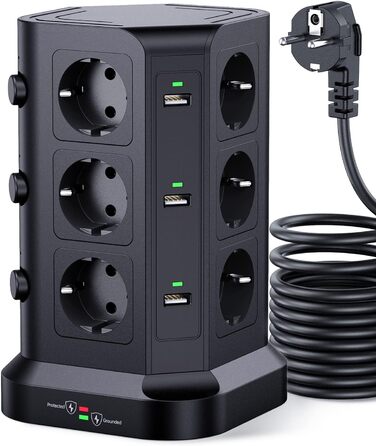 KOOSLA Тур Steckdosenturm 12 Fach з USB (6x) та захистом від перенапруги (4000W/16A) для офісу, кухні, столу, 5м, чорний