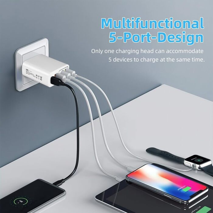 Мережевий адаптер AXFEE 65W 5-портовий з USB-C та USB-A, швидка зарядка PD 3.0 для iPhone 14 Pro Max 13, білий
