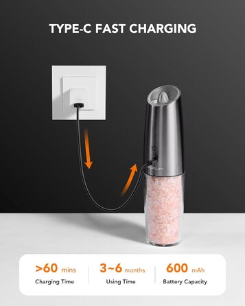 Електрична млинок для перцю та солі FORLIM з USB-зарядкою, 9oz, нержавіюча сталь, світлодіод, автоматичне помел, регулювання помолу, гравітаційний, металевий колір Gunmetal, набір
