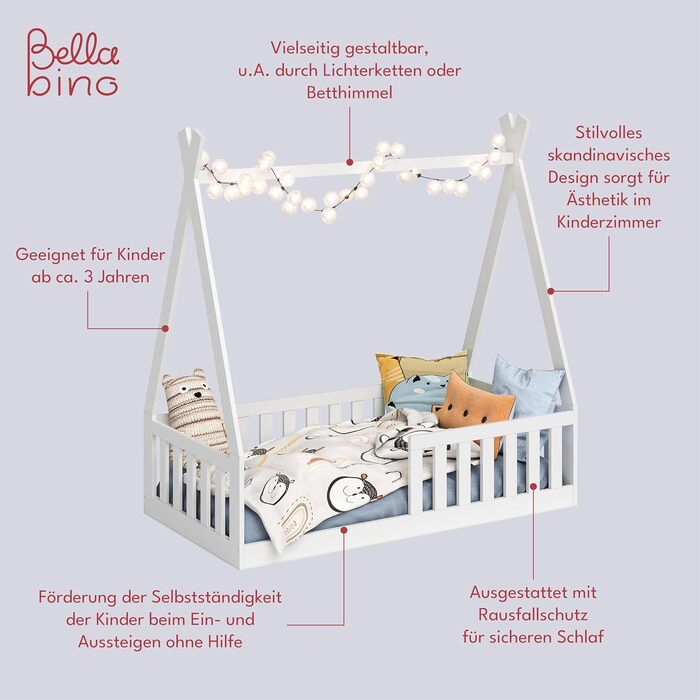 Bellabino Tajo Tipi Bed Base for Children 70x140 cm, House Bed made of Solid Pine Wood with Fall Protection/Fence and Slatted Frame in White for Children from 3 Years 70 x 140 cm White