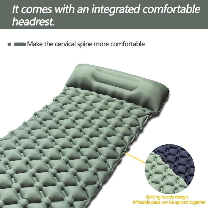 Надувний килимок для кемпінгу Isomatte: самонадувний, ультралегкий, з помпою та подушкою для відпочинку на природі, в походах, на пляжі та в наметі (зелений)